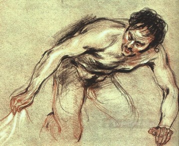 ヌード Painting - ひざまずくロココ男性のヌード ジャン・アントワーヌ・ワトー